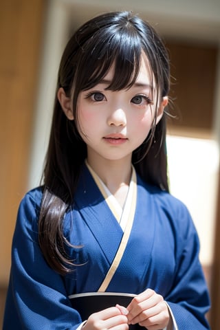 A six-year-old Japanese girl with long black hair, wearing a traditional kimono, stands in front of a camera, facing forward. She is standing on the lunar surface, gazing up at a futuristic, abandoned lunar base, its metallic structures gleaming under the harsh sunlight. The girl's expression is one of wonder and curiosity, her eyes wide with amazement. The sky is a deep black, dotted with stars, and the Earth hangs in the distance, a vibrant blue and green orb.