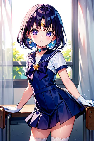  (A five-year-old girl:1.5),
 (Five years old:1.5),
 (infant:1.5),
 (little girl:1.5),
A beautiful and detailed illustration of a 6-year-old Japanese schoolgirl in a classroom setting, incorporating Sailor Saturn elements. She has short purple hair, purple eyes, and is wearing a magical girl outfit with a sailor senshi uniform, miniskirt, purple sailor collar, white gloves, circlet, brooch, choker, earrings, gloves, jewelry, and a star choker. The image should be in a high-quality, 8k resolution, with perfect lighting, extremely detailed CG, and perfect hands and anatomy. The girl should be looking at the viewer in a cowboy shot, with a natural light source and a school background. 