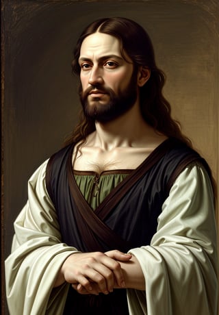 Renaissance portrait in the style of Leonardo da Vinci, upper body of Jesus Christ, sfumato technique, subtle gradations, enigmatic expression, muted earth tones, atmospheric perspective, detailed background landscape, chiaroscuro lighting, realistic human anatomy, intricate drapery of Renaissance clothing, oil on wood panel, high level of detail, masterful composition, soft ethereal glow, gentle yet powerful facial features, flowing hair and beard, expressive hands, serene and divine presence, robe in muted colors, subtle halo effect