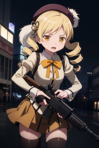 best quality, masterpiece, highres, solo, blonde_hair, drill_hair, twin_drills, twintails, hair_ornament, yellow_eyes, magical_girl, 1girl, beret, gun, hat, parody, weapon, open_mouth