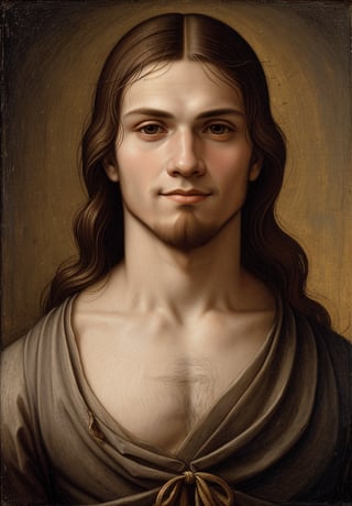 Produce a portrait of a 20-year-old man embodying the likeness of Jesus Christ, dressed in upper body attire, using Leonardo da Vinci's High Renaissance style. Incorporate elements such as sfumato technique, enigmatic smile, realistic adolescent anatomy, intricate drapery, and chiaroscuro lighting