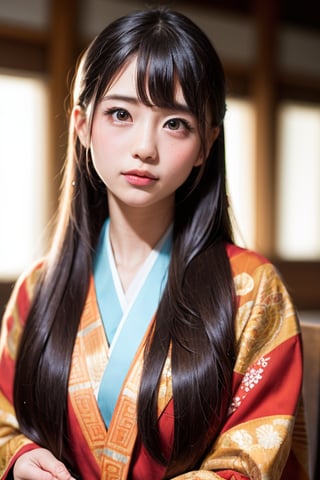 A beautiful black elementary school girl with long, flowing black hair styled in elegant vertical rolls and captivating eyes stands before the grand palace of the ancient Emperor in Japan. She wears traditional Japanese clothing (like a richly decorated kimono and hakama). Her expression reveals a mixture of awe, curiosity, and wonder as she gazes at the magnificent structure. She could be looking up at the palace gates, walking through the lush gardens, or being guided by a court lady. The scene is captured in high resolution and with the highest image quality, creating a realistic and captivating depiction of a young girl experiencing the grandeur of the ancient imperial court.