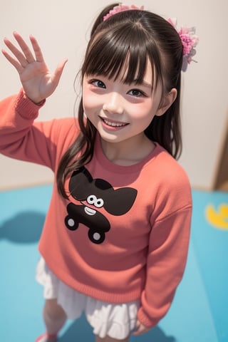 A stunning full-body illustration of a young Japanese girl, created with the whimsical charm of a 6-year-old's imagination. The artwork features vibrant colors, playful shapes, and a joyful expression on the girl's face. The image is rendered in 8K resolution, suitable for use as a high-quality wallpaper.