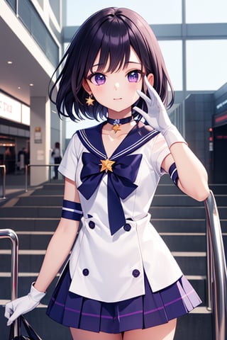 (solo:1.5), (A five-year-old girl:1.5), (Five years old:1.5), (infant:1.5), (little girl:1.5), A 6-year-old Japanese schoolgirl incorporating Sailor Saturn elements,

short purple hair, purple eyes, magical girl outfit, sailor senshi uniform, miniskirt, purple sailor collar, white gloves, circlet, brooch, choker, earrings, gloves, jewelry, star choker,

looking at the viewer, cowboy shot,

Airport Square,

beautiful and detailed illustration, high-quality, 8k resolution, perfect lighting, extremely detailed CG, perfect hands and anatomy, masterpiece,

Daytime,

