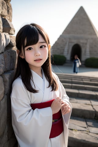 A six-year-old Japanese girl with long black hair, wearing a traditional kimono, stands in front of a camera, facing forward. She is standing in front of a massive ancient pyramid, its stone surface weathered and worn by time. The girl's expression is a mix of wonder and curiosity. The lighting is soft and warm, casting long shadows from the pyramid.