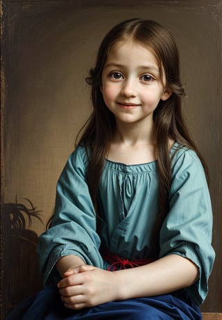 A Renaissance portrait in the style of Leonardo da Vinci, upper body of a 5-year-old boy wearing the clothes of Jesus Christ, sfumato technique, subtle gradations, enigmatic smile, muted earth tones, atmospheric perspective, detailed background landscape, chiaroscuro lighting, realistic child anatomy, intricate drapery of Renaissance clothing, oil on wood panel, high level of detail, masterful composition, soft ethereal glow, gentle facial features, flowing hair, delicate hands, serene and innocent expression, blue robe with red undergarment, subtle halo effect.