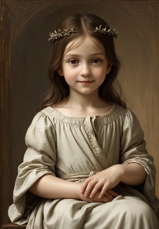 Renaissance portrait in the style of Leonardo da Vinci, upper body of a 5-year-old boy as young Jesus Christ, sfumato technique, subtle gradations, enigmatic smile, muted earth tones, atmospheric perspective, detailed background landscape, chiaroscuro lighting, realistic child anatomy, intricate drapery of Renaissance clothing, oil on wood panel, high level of detail, masterful composition, soft ethereal glow, gentle facial features, flowing hair, delicate hands, serene and innocent expression, simple robe, subtle halo effect.