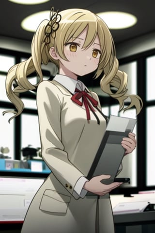 Create a stunning, high-resolution masterpiece of a solo young Japanese woman with blonde hair styled in twin drills and twintails, adorned with a professional-looking hair ornament. Her bright yellow eyes convey a sense of expertise and dedication. She wears a white lab coat over a collared shirt, indicating her role as a pharmacist. She holds a clipboard or tablet, signifying her engagement in her medical duties. Her expression is one of focused concentration, reflecting her professionalism and commitment to her work. Generate an image that is highly detailed and visually striking, with a focus on capturing the character's competence and authority in the pharmaceutical field. Highly detailed, masterpiece, 8K, 3D, photorealistic, 1 woman, solo, young, female, Japanese, lab coat, clipboard, tablet, serious expression, determined, authoritative.