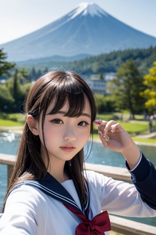 A beautiful elementary school girl with long, flowing black hair styled in elegant vertical rolls and captivating eyes stands proudly against the backdrop of an ancient Mount Fuji. She wears a stylish elementary school girl uniform (either a sailor suit or a one-piece dress) that complements her youthful curiosity and appreciation for nature. The girl could be gazing up at the majestic peak, admiring the ancient landscape, or simply enjoying the serene atmosphere. The scene is captured in high resolution and with the highest image quality, making it look realistic and as if it were a photograph.