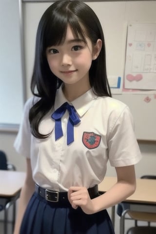 A masterpiece drawing by a 6-year-old Japanese girl in a kindergarten classroom. The artwork features a young girl with long black hair and bangs, with purple eyes (1.2 strength). She is wearing a school uniform consisting of a white collared shirt, a blue dress with a green ribbon, a blue belt, and a belt bag. The dress has a pleated skirt and a two-tone design. She has a blush on her face and is looking directly at the viewer. The illustration is of the highest quality, with a focus on attention to detail and a vibrant, anime-inspired style reminiscent of the character Inoue Takina. The final image is in high resolution.