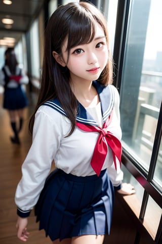 A beautiful elementary school girl with long, flowing black hair styled in elegant vertical rolls and captivating eyes navigates the bustling interior of a modern office building. She wears a stylish elementary school girl uniform (either a sailor suit or a one-piece dress) that complements her youthful innocence. The girl could be walking down a hallway, taking an elevator ride, or simply gazing out the window at the cityscape below. The scene is captured in high resolution and with the highest image quality, making it look realistic and as if it were a photograph.