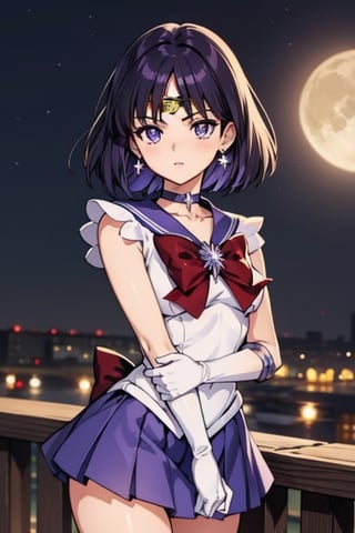 sailorsaturn, sailor saturn, (purple eyes:1.1), short hair, purple hair, circlet,BREAK brooch, choker, earrings, gloves, jewelry, magical girl, miniskirt, purple sailor collar, sailor collar, sailor senshi uniform, skirt, star choker, white gloves,BREAK outdoors, night, sky, star \(sky\), moon,BREAK looking at viewer, (cowboy shot:1.5),BREAK (masterpiece:1.2), best quality, high resolution, unity 8k wallpaper, (illustration:0.8), (beautiful detailed eyes:1.6), extremely detailed face, perfect lighting, extremely detailed CG, (perfect hands, perfect anatomy),