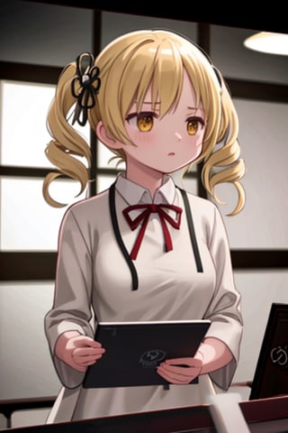 Create a stunning, high-resolution masterpiece of a solo young Japanese woman with blonde hair styled in twin drills and twintails, adorned with a professional-looking hair ornament. Her bright yellow eyes convey a sense of expertise and dedication. She wears a white lab coat over a collared shirt, indicating her role as a pharmacist. She holds a clipboard or tablet, signifying her engagement in her medical duties. Her expression is one of focused concentration, reflecting her professionalism and commitment to her work. Generate an image that is highly detailed and visually striking, with a focus on capturing the character's competence and authority in the pharmaceutical field. Highly detailed, masterpiece, 8K, 3D, photorealistic, 1 woman, solo, young, female, Japanese, lab coat, clipboard, tablet, serious expression, determined, authoritative.