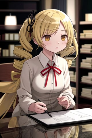 Create a stunning, high-resolution masterpiece of a solo young Japanese woman with blonde hair styled in twin drills and twintails, adorned with a professional-looking hair ornament. Her bright yellow eyes convey a sense of expertise and dedication. She wears a white lab coat over a collared shirt, indicating her role as a pharmacist. She holds a clipboard or tablet, signifying her engagement in her medical duties. Her expression is one of focused concentration, reflecting her professionalism and commitment to her work. Generate an image that is highly detailed and visually striking, with a focus on capturing the character's competence and authority in the pharmaceutical field. Highly detailed, masterpiece, 8K, 3D, photorealistic, 1 woman, solo, young, female, Japanese, lab coat, clipboard, tablet, serious expression, determined, authoritative.