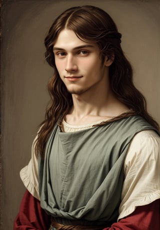 Produce a portrait of a 20-year-old man embodying the likeness of Jesus Christ, dressed in upper body attire, using Leonardo da Vinci's High Renaissance style. Incorporate elements such as sfumato technique, enigmatic smile, realistic adolescent anatomy, intricate drapery, and chiaroscuro lighting