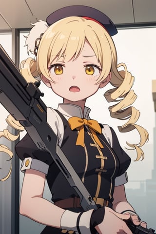 best quality, masterpiece, highres, solo, blonde_hair, drill_hair, twin_drills, twintails, hair_ornament, yellow_eyes, magical_girl, 1girl, beret, gun, hat, parody, weapon, open_mouth