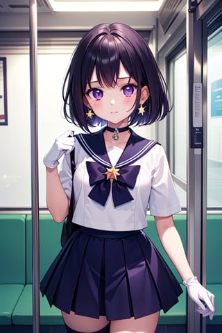 (solo:1.5), (A five-year-old girl:1.5), (Five years old:1.5), (infant:1.5), (little girl:1.5), A 6-year-old Japanese schoolgirl incorporating Sailor Saturn elements,

short purple hair, purple eyes, magical girl outfit, sailor senshi uniform, miniskirt, purple sailor collar, white gloves, circlet, brooch, choker, earrings, gloves, jewelry, star choker,

looking at the viewer, cowboy shot,

Inside a Japanese train,

beautiful and detailed illustration, high-quality, 8k resolution, perfect lighting, extremely detailed CG, perfect hands and anatomy, masterpiece,

Daytime,

