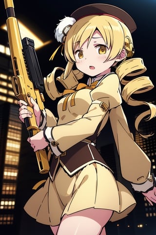 best quality, masterpiece, highres, solo, blonde_hair, drill_hair, twin_drills, twintails, hair_ornament, yellow_eyes, magical_girl, 1girl, beret, gun, hat, parody, weapon, open_mouth