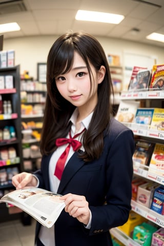 A beautiful high school girl with long, flowing black hair styled in elegant vertical rolls and captivating eyes spends a casual afternoon in a well-lit convenience store. She wears a stylish high school girl uniform (either a sailor uniform or a blazer) that complements her youthful charm. The girl could be browsing through magazines, making a purchase at the counter, or simply enjoying a conversation with a friend. The scene is captured in high resolution and with the highest image quality, making it look realistic and as if it were a photograph.