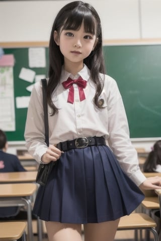 A masterpiece drawing by a 6-year-old Japanese girl in a kindergarten classroom. The artwork features a young girl with long black hair and bangs, with purple eyes (1.2 strength). She is wearing a school uniform consisting of a white collared shirt, a blue dress with a green ribbon, a blue belt, and a belt bag. The dress has a pleated skirt and a two-tone design. She has a blush on her face and is looking directly at the viewer. The illustration is of the highest quality, with a focus on attention to detail and a vibrant, anime-inspired style reminiscent of the character Inoue Takina. The final image is in high resolution.