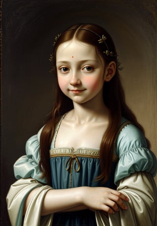 Renaissance portrait in the style of Leonardo da Vinci, upper body of a 5-year-old boy as Jesus Christ, sfumato technique, subtle gradations, enigmatic smile, muted earth tones, atmospheric perspective, detailed background landscape, chiaroscuro lighting, realistic child anatomy, intricate drapery of Renaissance clothing, oil on wood panel, high level of detail, masterful composition, soft ethereal glow, gentle facial features, flowing hair, delicate hands, serene and divine expression, robe in muted colors, subtle halo effect