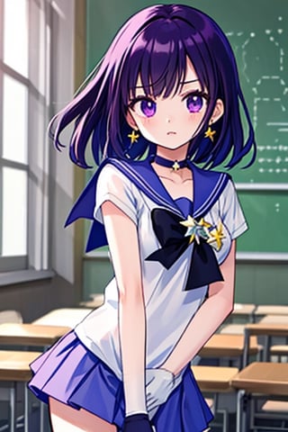 A beautiful and detailed illustration of a 6-year-old Japanese schoolgirl in a classroom setting, incorporating Sailor Saturn elements. She has short purple hair, purple eyes, and is wearing a magical girl outfit with a sailor senshi uniform, miniskirt, purple sailor collar, white gloves, circlet, brooch, choker, earrings, gloves, jewelry, and a star choker. The image should be in a high-quality, 8k resolution, with perfect lighting, extremely detailed CG, and perfect hands and anatomy. The girl should be looking at the viewer in a cowboy shot, with a natural light source and a school background. 