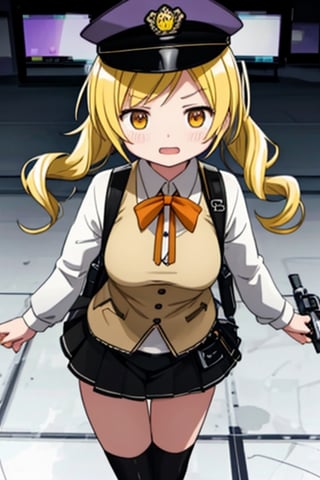 Create a stunning, high-resolution masterpiece of a solo woman in a police uniform with blonde hair styled in twin drills and twintails, adorned with a beautiful police hat. Her bright yellow eyes sparkle with determination. She wears a stylish bulletproof vest and utility belt, holding a handgun with confidence and authority. Incorporate a sense of parody and playfulness in her expression, with her mouth open in a joyful shout. Generate an image that is highly detailed and visually striking, with a focus on capturing the character's personality and charm. Highly detailed, masterpiece, 8K, 3D, photorealistic, 1 woman, solo, young, female, police uniform, police hat, bulletproof vest, utility belt, handgun, serious expression, determined, authoritative.