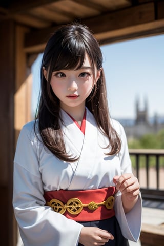 A young six-year-old Japanese girl with long, raven-black hair wearing a traditional kimono, standing in the foreground and facing the camera directly, with the impressive ruins of an ancient European castle in the background. Her expression is one of poise and curiosity, as she gazes out with a sense of cultural exchange and fascination with the grandeur of the historic architecture. The contrast between the girl's traditional Japanese attire and the medieval European setting creates a seamless blend of East and West, evoking a spirit of global exploration and the interconnectedness of civilizations across time and space.