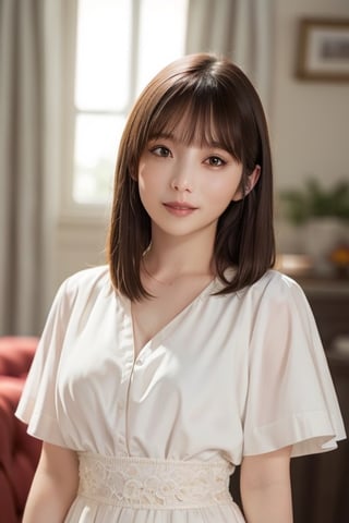 Masterpiece, top quality, official art, highly detailed CG Unity 8K wallpaper, like a , very delicate and beautiful, ultra high resolution, (photorealistic: 1.4), golden hour lighting, (upper body), (platinum shorthair: 0.8), (puffy eyes), looking at the viewer, facing the front, smiling, JK skirt, white dress, Shirt Lift Long Black Hair