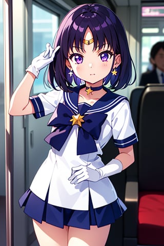 (solo:1.5),
(A five-year-old girl:1.5),
(Five years old:1.5),
(infant:1.5),
(little girl:1.5),
A 6-year-old Japanese schoolgirl incorporating Sailor Saturn elements,
looking at the viewer,
cowboy shot,

short purple hair,
purple eyes,

magical girl outfit,
sailor senshi uniform,
miniskirt,
purple sailor collar,
white gloves,
circlet,
brooch,
choker,
earrings,
gloves,
jewelry,
star choker,

Inside a Japanese train,

beautiful and detailed illustration,
high-quality,
8k resolution,
perfect lighting,
extremely detailed CG,
perfect hands and anatomy,
masterpiece,

bright,
sunny day,