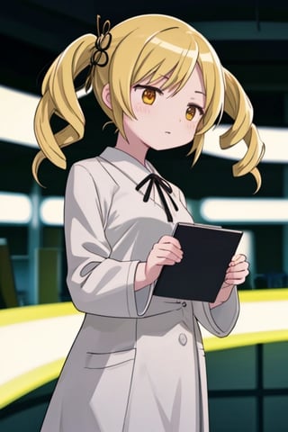 Create a stunning, high-resolution masterpiece of a solo young Japanese woman with blonde hair styled in twin drills and twintails, adorned with a professional-looking hair ornament. Her bright yellow eyes convey a sense of expertise and dedication. She wears a white lab coat over a collared shirt, indicating her role as a pharmacist. She holds a clipboard or tablet, signifying her engagement in her medical duties. Her expression is one of focused concentration, reflecting her professionalism and commitment to her work. Generate an image that is highly detailed and visually striking, with a focus on capturing the character's competence and authority in the pharmaceutical field. Highly detailed, masterpiece, 8K, 3D, photorealistic, 1 woman, solo, young, female, Japanese, lab coat, clipboard, tablet, serious expression, determined, authoritative.