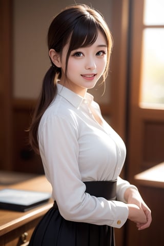 Masterpiece, top quality, official art, highly detailed CG Unity 8K wallpaper, like a , very delicate and beautiful, ultra high resolution, (photorealistic: 1.4), golden hour lighting, (upper body), (platinum shorthair: 0.8), (puffy eyes), looking at the viewer, facing the front, smiling, JK skirt, white dress, Shirt Lift Long Black Hair