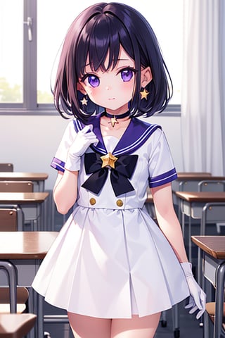  (A five-year-old girl:1.5),
 (Five years old:1.5),
 (infant:1.5),
 (little girl:1.5),
A beautiful and detailed illustration of a 6-year-old Japanese schoolgirl in a classroom setting, incorporating Sailor Saturn elements. She has short purple hair, purple eyes, and is wearing a magical girl outfit with a sailor senshi uniform, miniskirt, purple sailor collar, white gloves, circlet, brooch, choker, earrings, gloves, jewelry, and a star choker. The image should be in a high-quality, 8k resolution, with perfect lighting, extremely detailed CG, and perfect hands and anatomy. The girl should be looking at the viewer in a cowboy shot, with a natural light source and a school background. ,masterpiece