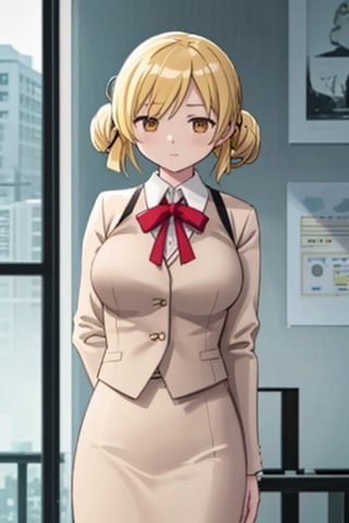 Create a stunning, high-resolution masterpiece of a solo young Japanese woman, around 25 years old, with blonde hair styled in a professional bun, adorned with a simple hairpin. Her bright yellow eyes sparkle with intelligence and ambition. She wears a traditional Japanese office lady (OL) outfit, including a collared blouse, pencil skirt, and a blazer. Her expression is one of confidence and determination, capturing the professionalism and competence of a successful businesswoman. Generate an image that is highly detailed and visually striking, with a focus on the character's mature beauty and strong personality. Highly detailed, masterpiece, 8K, 3D, photorealistic, 1 woman, solo, young, female, Japanese, OL outfit, blazer, confident expression, ambitious.