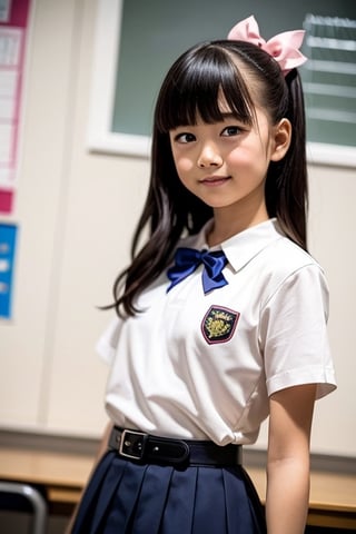 A masterpiece drawing by a 6-year-old Japanese girl in a kindergarten classroom. The artwork features a young girl with long black hair and bangs, with purple eyes (1.2 strength). She is wearing a school uniform consisting of a white collared shirt, a blue dress with a green ribbon, a blue belt, and a belt bag. The dress has a pleated skirt and a two-tone design. She has a blush on her face and is looking directly at the viewer. The illustration is of the highest quality, with a focus on attention to detail and a vibrant, anime-inspired style reminiscent of the character Inoue Takina. The final image is in high resolution.