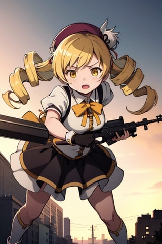 best quality, masterpiece, highres, solo, blonde_hair, drill_hair, twin_drills, twintails, hair_ornament, yellow_eyes, magical_girl, 1girl, beret, gun, hat, parody, weapon, open_mouth