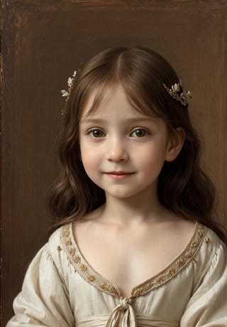 Renaissance portrait in the style of Leonardo da Vinci, upper body of a 5-year-old boy as young Jesus Christ, sfumato technique, subtle gradations, enigmatic smile, muted earth tones, atmospheric perspective, detailed background landscape, chiaroscuro lighting, realistic child anatomy, intricate drapery of Renaissance clothing, oil on wood panel, high level of detail, masterful composition, soft ethereal glow, gentle facial features, flowing hair, delicate hands, serene and innocent expression, simple robe, subtle halo effect.