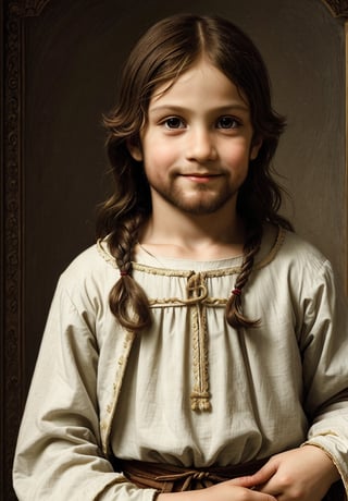 Create a portrait of a 5-year-old boy resembling Jesus Christ, dressed in upper body attire, using the High Renaissance style of Leonardo da Vinci. Incorporate elements such as sfumato technique, enigmatic smile, realistic adolescent anatomy, intricate drapery, and chiaroscuro lighting