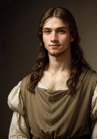Produce a portrait of a 20-year-old man embodying the likeness of Jesus Christ, dressed in upper body attire, using Leonardo da Vinci's High Renaissance style. Incorporate elements such as sfumato technique, enigmatic smile, realistic adolescent anatomy, intricate drapery, and chiaroscuro lighting