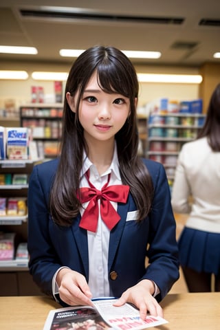 A beautiful high school girl with long, flowing black hair styled in elegant vertical rolls and captivating eyes spends a casual afternoon in a well-lit convenience store. She wears a stylish high school girl uniform (either a sailor uniform or a blazer) that complements her youthful charm. The girl could be browsing through magazines, making a purchase at the counter, or simply enjoying a conversation with a friend. The scene is captured in high resolution and with the highest image quality, making it look realistic and as if it were a photograph.