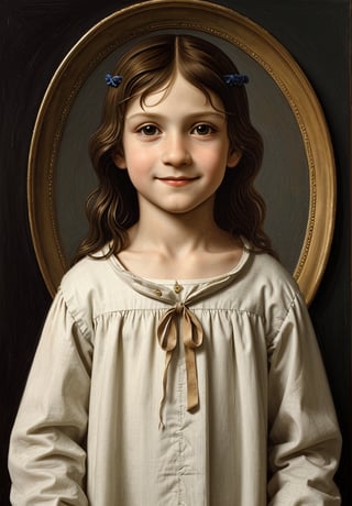 Create a portrait of a 5-year-old boy resembling Jesus Christ, dressed in upper body attire, using the High Renaissance style of Leonardo da Vinci. Incorporate elements such as sfumato technique, enigmatic smile, realistic adolescent anatomy, intricate drapery, and chiaroscuro lighting