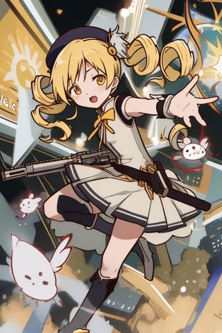 best quality, masterpiece, highres, solo, blonde_hair, drill_hair, twin_drills, twintails, hair_ornament, yellow_eyes, magical_girl, 1girl, beret, gun, hat, parody, weapon, open_mouth