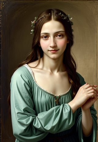 Renaissance portrait in the style of Leonardo da Vinci, upper body of a 15-year-old boy as young Jesus Christ, sfumato technique, subtle gradations, enigmatic smile, muted earth tones, atmospheric perspective, detailed background landscape, chiaroscuro lighting, realistic adolescent anatomy, intricate drapery of Renaissance clothing, oil on wood panel, high level of detail, masterful composition, soft ethereal glow, gentle facial features, flowing hair, delicate hands, serene and innocent expression, simple robe, subtle halo effect