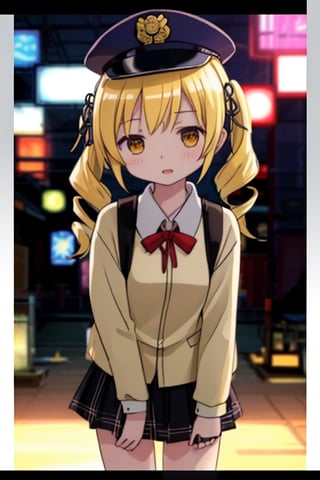 Create a stunning, high-resolution masterpiece of a solo young Japanese girl, around 6 years old, with blonde hair styled in twin drills and twintails, adorned with a cute hair ornament. Her bright yellow eyes sparkle with innocence and curiosity. She wears a traditional Japanese police uniform, including a collared shirt, pleated skirt, and a police cap. Her expression is one of playfulness and wonder, capturing the charm and energy of a young child. Generate an image that is highly detailed and visually striking, with a focus on the character's youthful innocence and endearing personality. Highly detailed, masterpiece, 8K, 3D, photorealistic, 1 girl, solo, young, female, Japanese, police uniform, police cap, playful expression, curious.