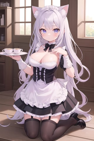 Cafe, girl, cat ears, maid outfit, kneeling Super Detailed, Best Quality, 4k (Masterpiece, Top Quality, Best Quality, Official Art, Beauty & Aesthetics: 1.2) Most Detailed, Detailed Eyes (1 girl), perfect body, five fingers, perfect hands, anatomically perfect body,one breast out