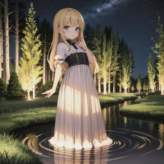 long hair, idol, big eyes, loli, forest, night, moonlight, lake, short hair,phgems