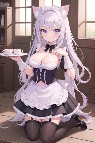 Cafe, Girl, Cat Ears, Maid Outfit, Kneeling Super Detailed, Best Quality, 4k (Masterpiece, Top Quality, Best Quality, Official Art, Beauty & Aesthetics: 1.2) Most Detailed, Detailed Eyes (1 Girl ), perfect body, five fingers, perfect hands, anatomically perfect body, navel exposed, (shy expression)