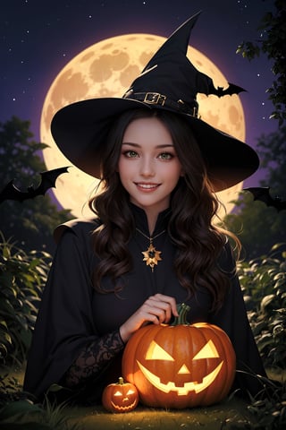 lushill style, Portrait of brunette 10 years old  girl with long curly brown hair, slanted green eyes, black witch hat, big smile, mysterious forest behind, pumpkin on the ground, little bats in the night sky, big full moon in the sky, Halloween , diffuse natural night lights, art station, digital art, sharp focus