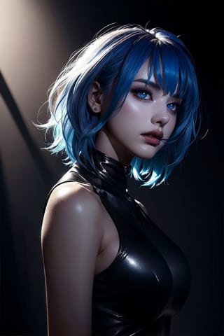 A teenage girl with vibrant blue hair stands out against a dark, mysterious backdrop. Dramatic lighting casts a warm glow on her features, accentuating her bold expression and striking a pose that exudes confidence and rebellion. The shadows around her create an eerie atmosphere, drawing the viewer's attention to her captivating presence.