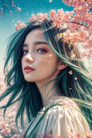 a colorful digital artwork of a woman's head decorated by tree's branches and leaves, in the style of magic in spring theme, flower blooming everywhere, multi color flower, small flower petals in the air, graceful surrealism, depictions of urban life, (bright sky-blue and green), portraitures with hidden meanings, caricature-like illustrations, metropolis meets nature ,midjourney, double exposure,1 girl,High detailed ,(spring),(colorful),(vibrant color),EpicSky
